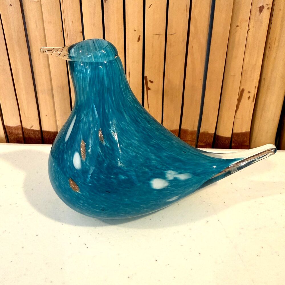 Art Glass Bird Figurine Teal Blue Gold Fleck Hand Blown Style 6” Decor